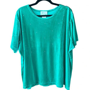 The Quacker Factory New w Tag 2X Kelly Green Short Sleeve Crushed Velvet Blouse